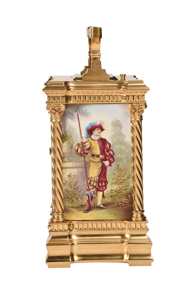 A FINE FRENCH GILT BRASS ANGLAISE RICHE CASED REPEATING CARRIAGE CLOCK WITH PAINTED PORCELAIN PANELS - Image 4 of 6