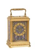 A FINE FRENCH ENGRAVED GILT BRASS AND CLOISONNE ENAMELLED REPEATING CARRIAGE CLOCK