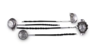 FOUR MID GEORGIAN SILVER TODDY LADLES