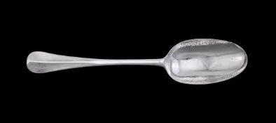 [THAMES FROST FAIR INTEREST] A RARE GEORGE I SILVER HANOVERIAN TABLE SPOON, MATTHEW MADDEN