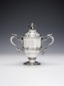 A FINE LATE GEORGE II SILVER TWIN HANDLED CUP AND COVER, JAMES SHRUDER