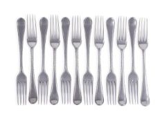 A SET OF TWELVE GEORGE III SILVER OLD ENGLISH BEAD TABLE FORKS, GEORGE SMITH III