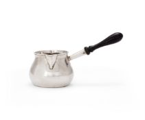 AN EARLY GEORGE II SMALL SILVER BALUSTER BRANDY PAN, JOHN GAMON