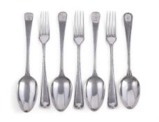 THREE GEORGE III SILVER OLD ENGLISH BEADED TABLE FORKS, WILLIAM SUMNER & RICHARD CROSSLEY