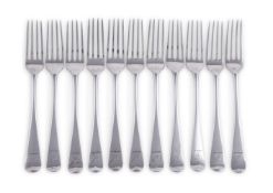 A SET OF ELEVEN SILVER OLD ENGLISH TABLE FORKS, SAMUEL GODBEHERE