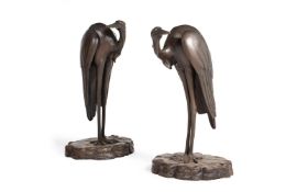 A PAIR OF JAPANESE BRONZE HERONS, CONTEMPORARY