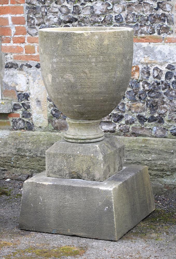 A VICTORIAN CARVED GRITSTONE GARDEN URN OF GOBLET FORM, LATE 19TH CENTURY - Image 2 of 3