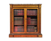 Y A PAIR OF VICTORIAN BURR ELM, EBONY BANDED AND GILT METAL MOUNTED BOOKCASES, CIRCA 1880