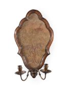 A PAIR OF WALNUT AND NEEDLEWORK TWIN-LIGHT WALL SCONCES, IN GEORGE II STYLE, EARLY 20TH CENTURY