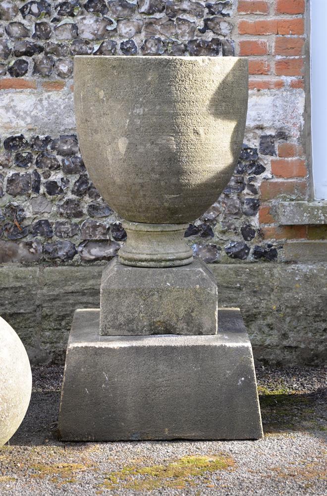 A VICTORIAN CARVED GRITSTONE GARDEN URN OF GOBLET FORM, LATE 19TH CENTURY
