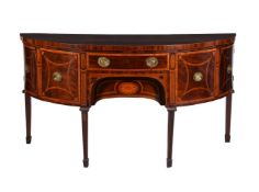 A GEORGE III MAHOGANY, SATINWOOD BANDED, AND INLAID SIDEBOARD