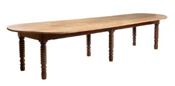 A LARGE BEECH AND WALNUT REFECTORY TYPE DINING TABLE