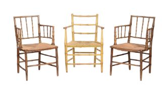 A PAIR OF SIMULATED BAMBOO OPEN ARMCHAIRS