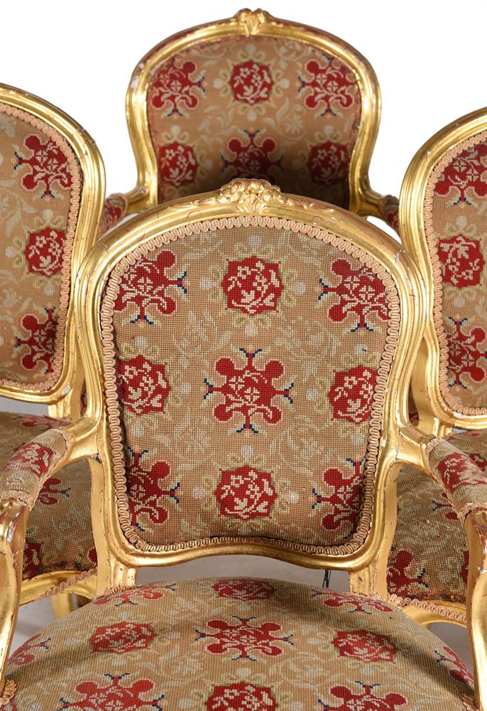 A SET OF SIX GEORGE III GILTWOOD AND TAPESTRY UPHOLSTERED ARMCHAIRS IN LOUIS XV STYLE - Image 2 of 4