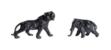 TWO PATINATED METAL MODELS OF A TIGER AND AN ELEPHANT