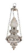 AN ITALIAN SILVERED METAL HANGING 'SANCTUARY' LAMP, 19TH CENTURY IN THE 17TH CENTURY MANNER