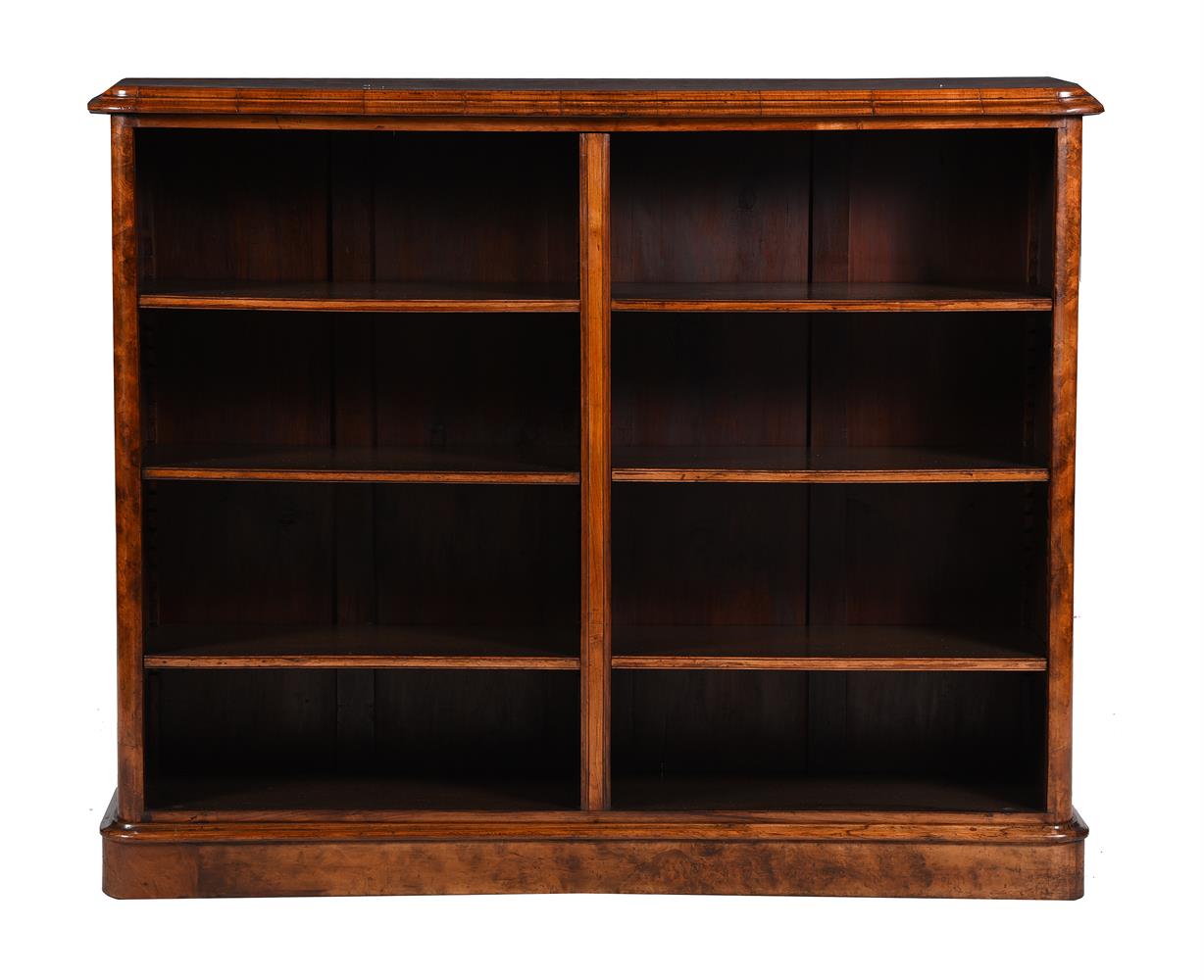 A VICTORIAN BURR AND FIGURED WALNUT OPEN BOOKCASE