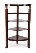 A MAHOGANY, EBONISED, AND PARCEL GILT CORNER WHATNOT IN REGENCY STYLE