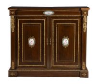 A FRENCH MAHOGANY, GILT METAL AND SEVRES STYLE PORCELAIN MOUNTED SIDE CABINET