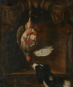 CIRCLE OF ENOCH SEEMAN (BRITISH C.1694 - 1744), A PARTRIDGE IN A SCULPTED CARTOUCHE, WITH A SPANIEL
