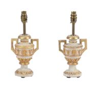 A PAIR OF MODERN TURNED AND CARVED WOOD URN TABLE LAMPS