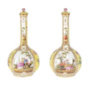 A PAIR OF DRESDEN BOTTLE VASES AND COVERS