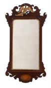 AN EDWARDIAN MAHOGANY AND INLAID FRET FRAME MIRROR IN GEORGE II STYLE