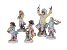 FIVE GERMAN PORCELAIN MONKEY BAND FIGURES AFTER THE MEISSEN ORIGINALS