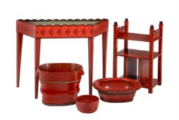 A GROUP OF RED PAINTED AND LACQUERED ITEMS