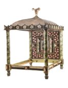 A POLYCHROME PAINTED FOUR POSTER BED DECORATED BY GRAHAM CARR
