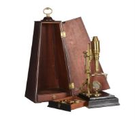 A FINE GEORGE II MAHOGANY CASED CUFF PATTERN MONOCULAR MICROSCOPE