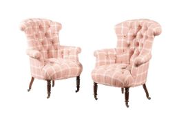 A PAIR OF SIMULATED ROSEWOOD TUB ARMCHAIRS IN VICTORIAN TASTE