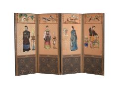 A FOUR FOLD SCREEN APPLIED WITH PAINTED CHINESE WALLPAPER
