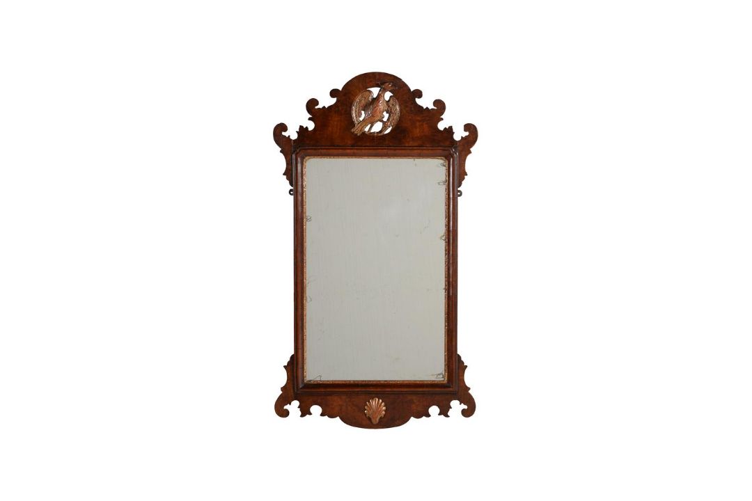 A GEORGE II WALNUT FRETWORK WALL MIRROR - Image 1 of 3
