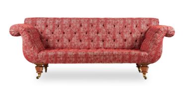 A VICTORIAN WALNUT AND RED UPHOLSTERED SOFA, CIRCA 1850