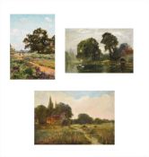 HENRY JOHN YEEND KING (BRITISH 1855-1924), A LANDSCAPE WITH GRAZING CATTLE AND A COTTAGE BY A STREAM