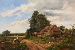ALFRED BENNETT (BRITISH FL. 1861-1916), CHILDREN SEATED BY A FARM