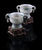 Two attractive Chinese jadeite archaistic gui-form censers