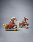 Two Chinese gilt-bronze mounted biscuit glazed water dropper models of horses