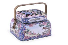 A Chinese Canton enamel hand warmer and cover