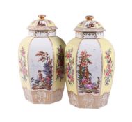 A PAIR OF DRESDEN HEXAGONAL SECTION VASES AND COVERS