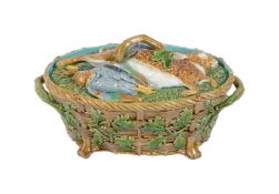 A MINTON MAJOLICA TWO HANDLES OZIER MOULDED GAME PIE TUREEN AND COVER