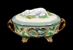 A MINTON MAJOLICA TWO HANDLES OZIER MOULDED GAME PIE TUREEN AND COVER