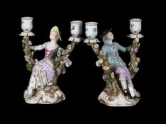 A PAIR OF MEISSEN PORCELAIN FIGURAL CANDELABRA