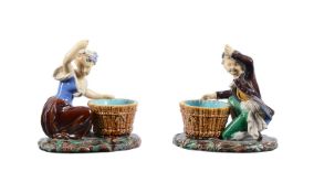 A PAIR OF MINTON MAJOLICA FIGURAL FLOWER VASES