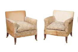 A PAIR OF VICTORIAN WALNUT AND UPHOLSTERED ARMCHAIRS