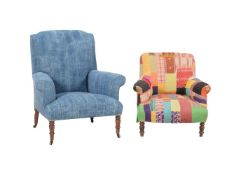 A VICTORIAN 'PATCHWORK' UPHOLSTERED LOW ARMCHAIR