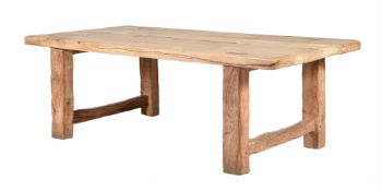A MIXED WOOD FARMHOUSE DINING TABLE