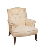 A VICTORIAN WALNUT AND WHITE CALICO UPHOLSTERED ARMCHAIR IN HOWARD & SONS STYLE