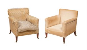 TWO SIMILAR VICTORIAN WALNUT AND UPHOLSTERED ARMCHAIRS